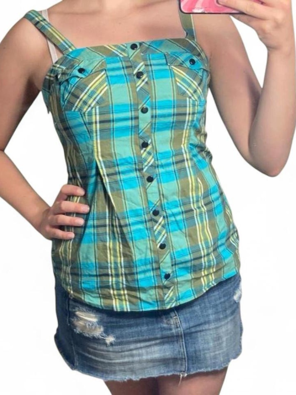 Kensie Girl Blue & Olive Plaid Button-Front Tank Top